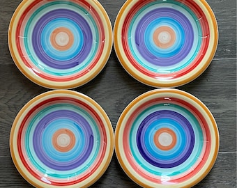 Vintage Rondo Tabletops Unlimited Multicolor Rainbow Circular Brush Strokes Salad, Appetizer or Dessert Plates Set of 4