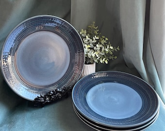 Threshold Kingsland Blue Stoneware Ceramic Geometric Tribal Dinner Plates Set of 4