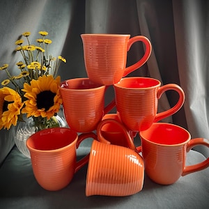 Bistro Brights Ironstone Tangerine Orange Ribbed Ceramic Coffee or Tea Mugs Set of 7