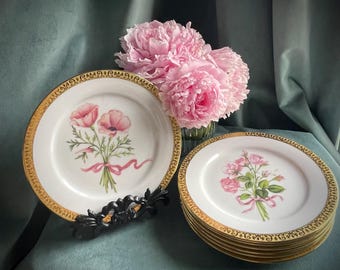 Royal Gallery Golden Buffet Pink Floral and Gold Encrusted Porcelain Appetizer, Salad or Dessert Plates Set of 7