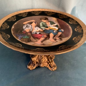 Vintage JKW 1930 Gold Pedestal Porcelain Cake Plate “Two Boys Eating Fruit” Western Germany