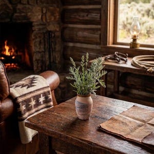 May include: A rustic interior scene featuring a wooden table with a small vase holding green sprigs. A leather armchair with a patterned blanket sits near a stone fireplace. A window reveals a landscape.