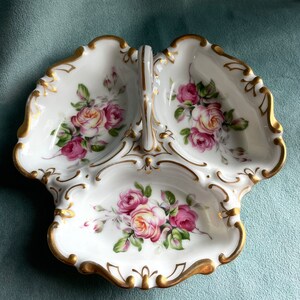 Vintage Victorian Style Floral 3 Part Porcelain Relish Dish with Handle