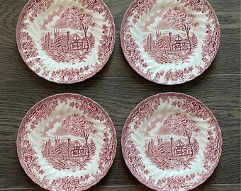 Vintage Churchill England "The Brook" Pink Transferware Bread and Butter Plates Set of 4