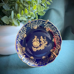 Vintage Limoges France Cobalt Blue & Gold Courting Couple Small Trinket or Display Dish