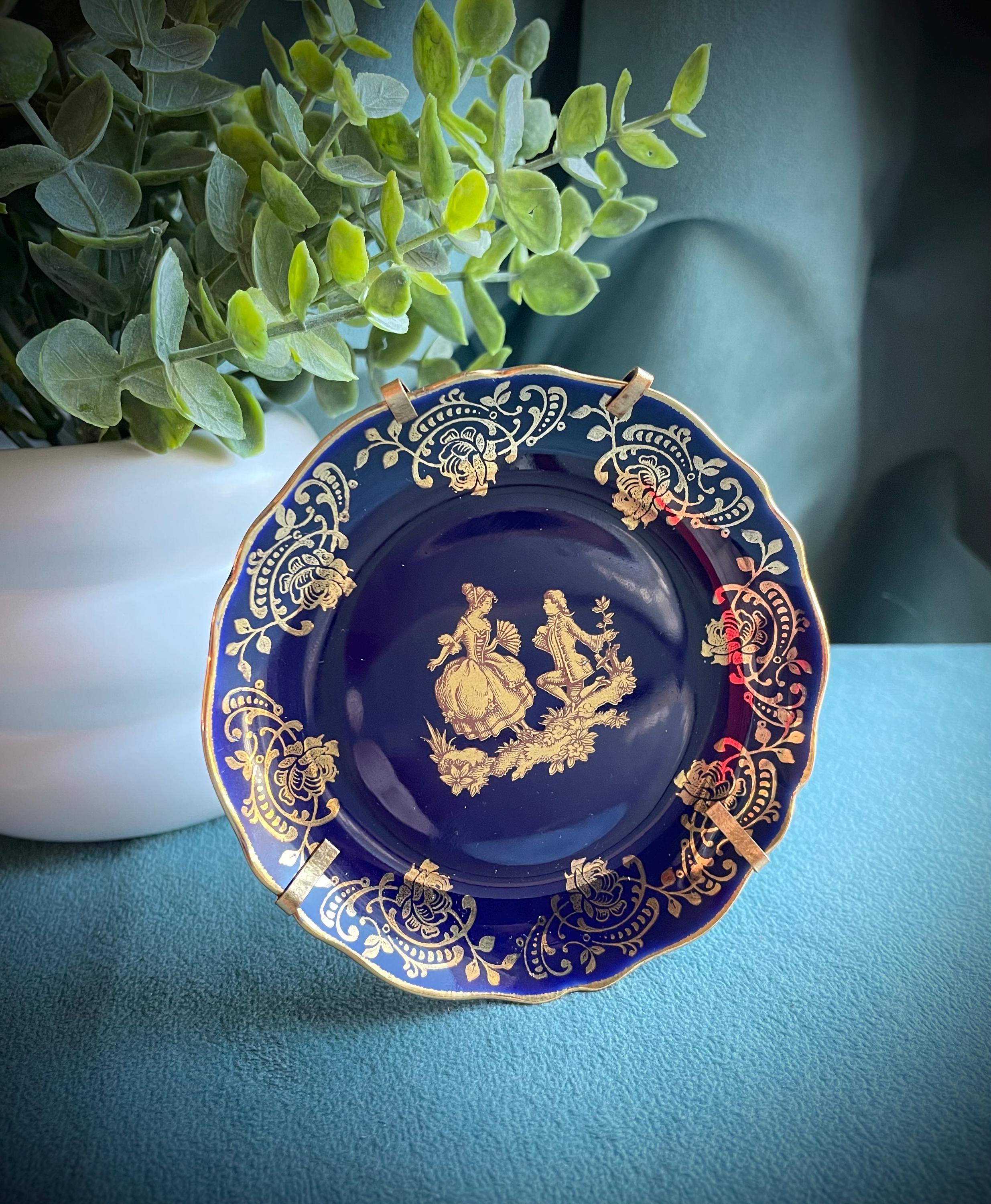 Vintage Limoges France Cobalt Blue & Gold Courting Couple Small