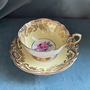 Vintage Paragon Double Warrant Floral Teacup & Saucer Bone China Yellow Band Gold Filigree Borders