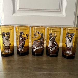 Vintage Amber Ancient Romans Mid Century Tumbler Glasses Set of 5