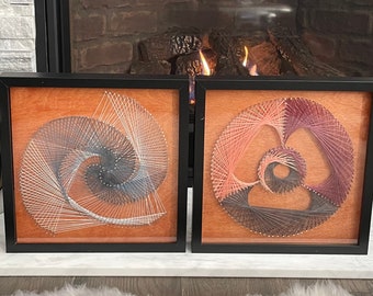 Vintage Retro Bohemian Abstract String Art and Nail Geometric Framed Wall Art Set of 2 (C)