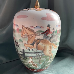 Vintage Asian Equestrian English Fox Hunt Scene Decorative Large