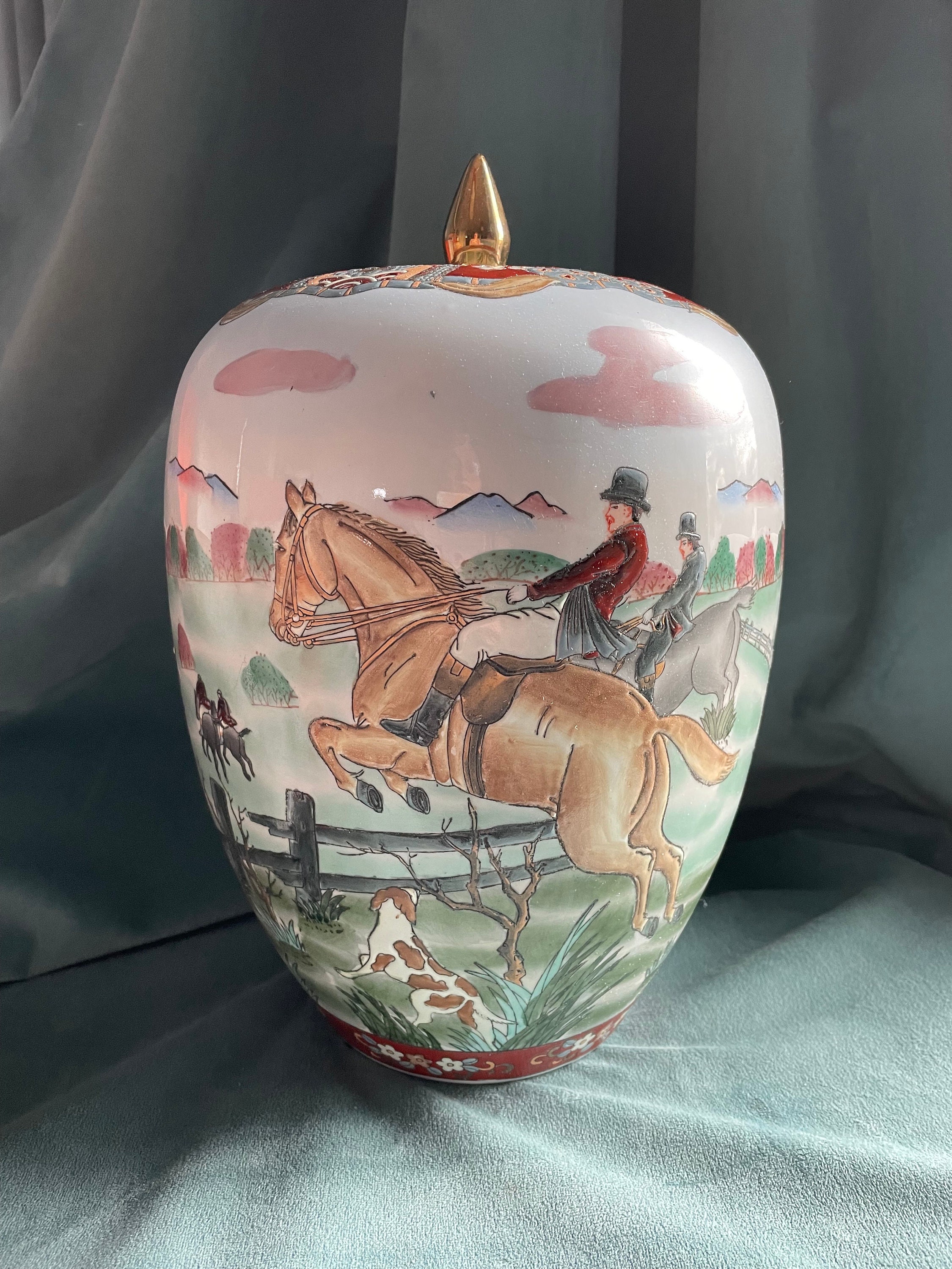 Vintage Asian Equestrian English Fox Hunt Scene Decorative Large
