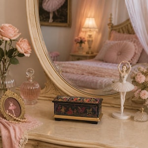 May include: A rectangular black jewelry box featuring colorful painted scenes of figures in motion on the lid and sides, accented with a gold-toned base. The box sits on a light-colored surface alongside a white ballerina figurine and a small frame.
