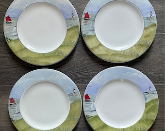 Nantucket Shoreline Dinner Plates, Hand-Painted Ceramic Set of 4