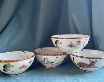 Jungle Jubilee by Lynn Chase Jaguar, Zebra & Parrot Ceramic Soup Cereal Bowls Set of 4