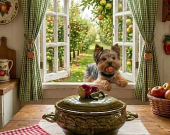 May include: A green ceramic lidded tureen sits on a wooden table with a red and white checkered towel. A small dog with an apple in its mouth rests on a window sill overlooking an apple orchard. Green gingham curtains frame the open window.