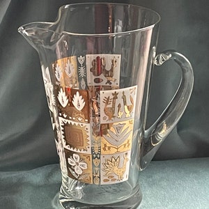Vintage Mid Century Modern Barware Gold and White Pictorial Motif Squares Cocktail Pitcher