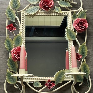 Mid Century Italian Tole Hand Painted Mirror Metal Climbing Roses and (2) Candle Holders image 1