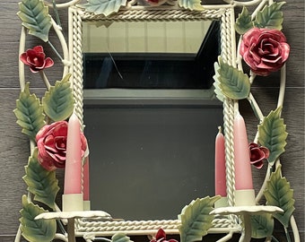 Vintage Mid Century Italian Tole Hand Painted Mirror Metal Climbing Roses and (2) Candle Holders
