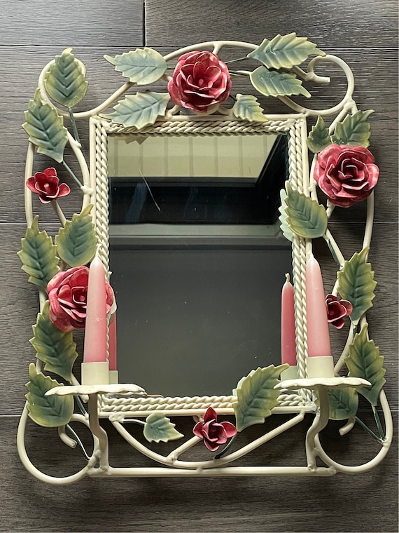 Vintage Mid Century Italian Tole Hand Painted Mirror Metal