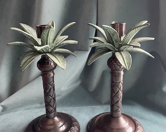 Tropical Palm Tree Metal Candle Holders Set of 2