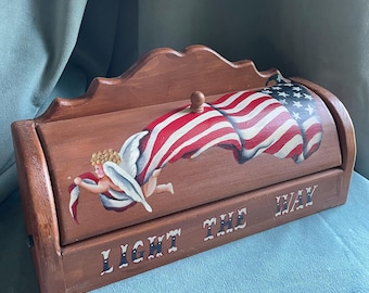 Vintage Americana Wooden Candle Box &quot;Light the Way&quot; with Cherub & American Flag