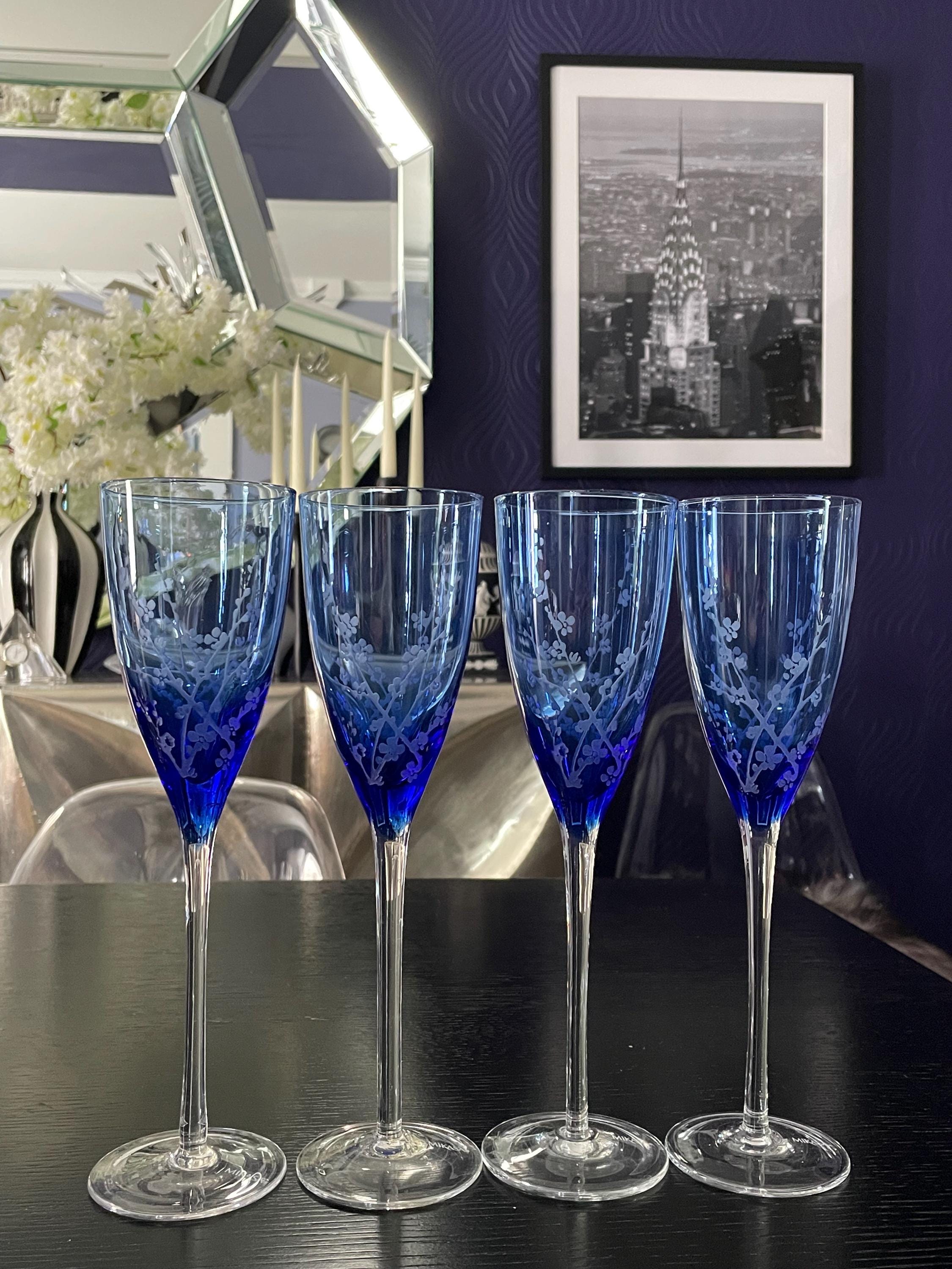 Mikasa Cherry Blossom Etched Cobalt Blue Crystal Champagne Flute