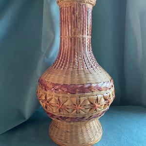 Vintage Mid Century 1970s Chinese Woven Wicker Rattan Table Vase with Ceramic Vase Insert 13 Inches