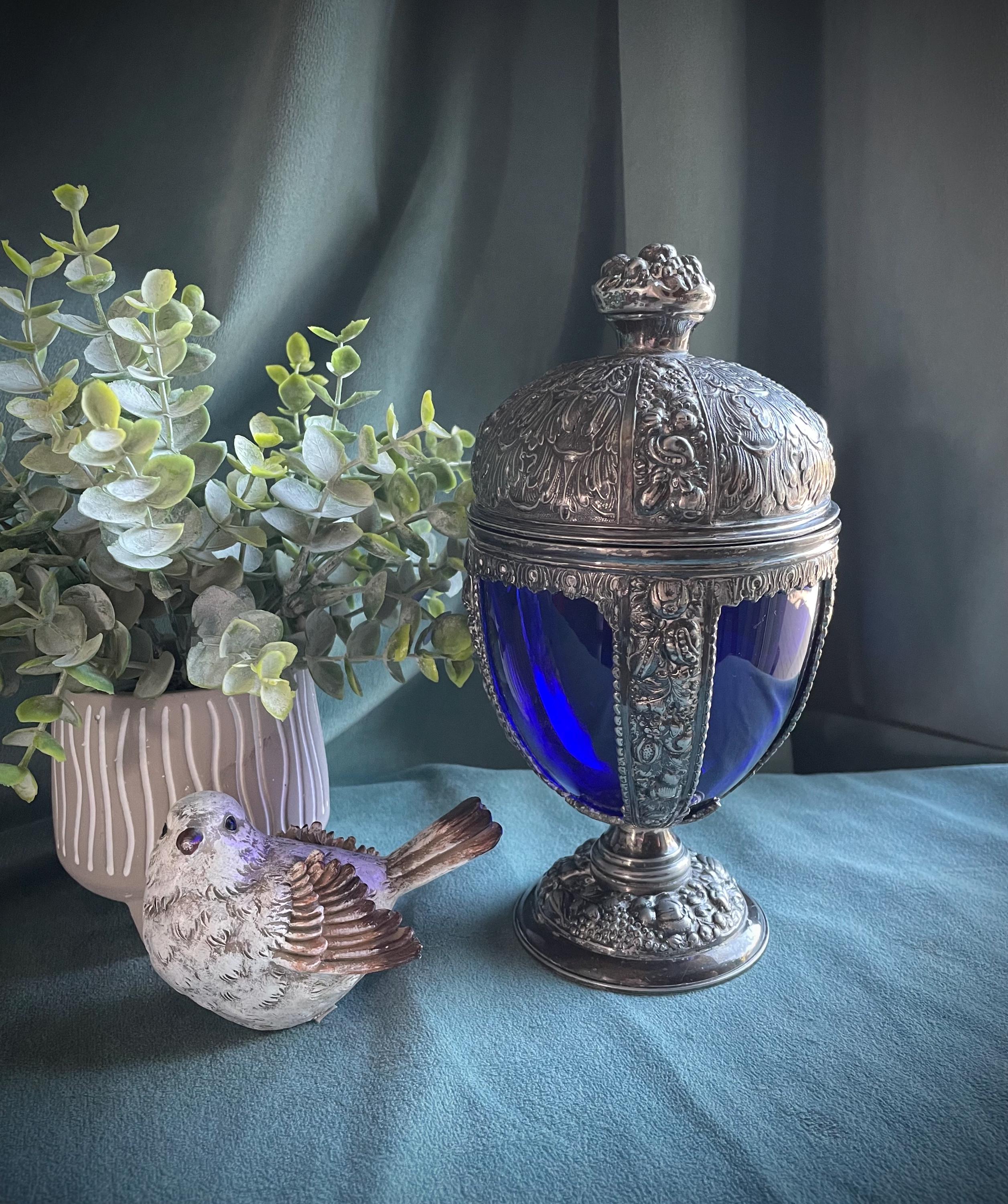 Jennings Brothers Art Nouveau Cobalt Blue Glass and Spelter Lidded