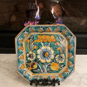 Vintage Italian Art Pottery Floral Octagon Decorative Display Wall Plate Artist Signed