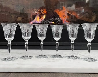 Vintage Morgantown Virginia Etched Crystal Wine Glasses Set of 6