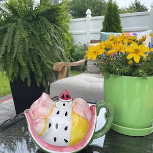 May include: A ceramic teapot shaped like a watermelon with a pig inside. The teapot is pink, yellow, and green with black seeds. The teapot is sitting on a glass table with a green plant in a pot behind it.