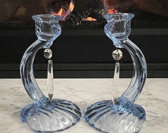 Vintage Cambridge Caprice Moonlight Blue Art Deco Style Curved Candlestick Candle Holders Set of 2