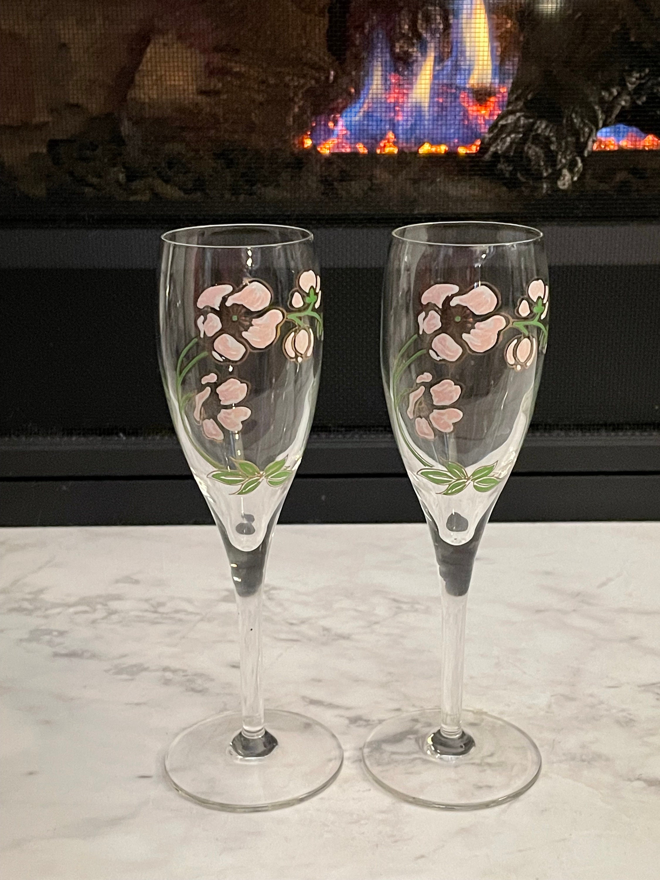 Perrier Jouet Champagne Flute Glasses Hand Painted With Anemone