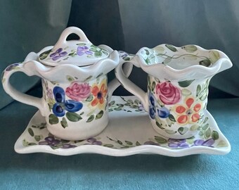 Mariam's Garden Floral Ceramic Lidded Sugar Bowl, Creamer & Tray Set