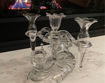Vintage Cambridge Caprice Clear Epergne 3 Light Candle Holder & Bud Vases Centerpiece