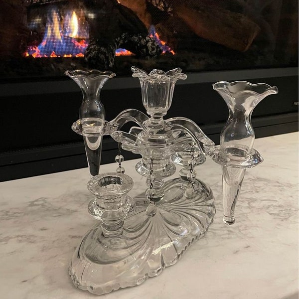 Vintage Cambridge Caprice Clear Epergne 3 Light Candle Holder & Bud Vases Centerpiece