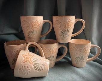 Pfaltzgraff Sandy Shore Coastal Neutral Ceramic Coffee or Tea Mugs Set of 6