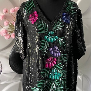 Vintage Women's Stenay All Over Sequin Floral & Leaves Blouse Size 1 X