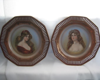 Vintage Schumann Germany Reticulated Maiden Portrait Porcelain Plates Set of 2