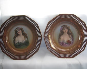Vintage Schumann Germany Reticulated Maiden Portrait Porcelain Plates Set of 2