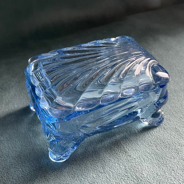 Vintage Cambridge Caprice Moonlight Blue Koi Dolphin 4 Footed Glass Small Trinket Box