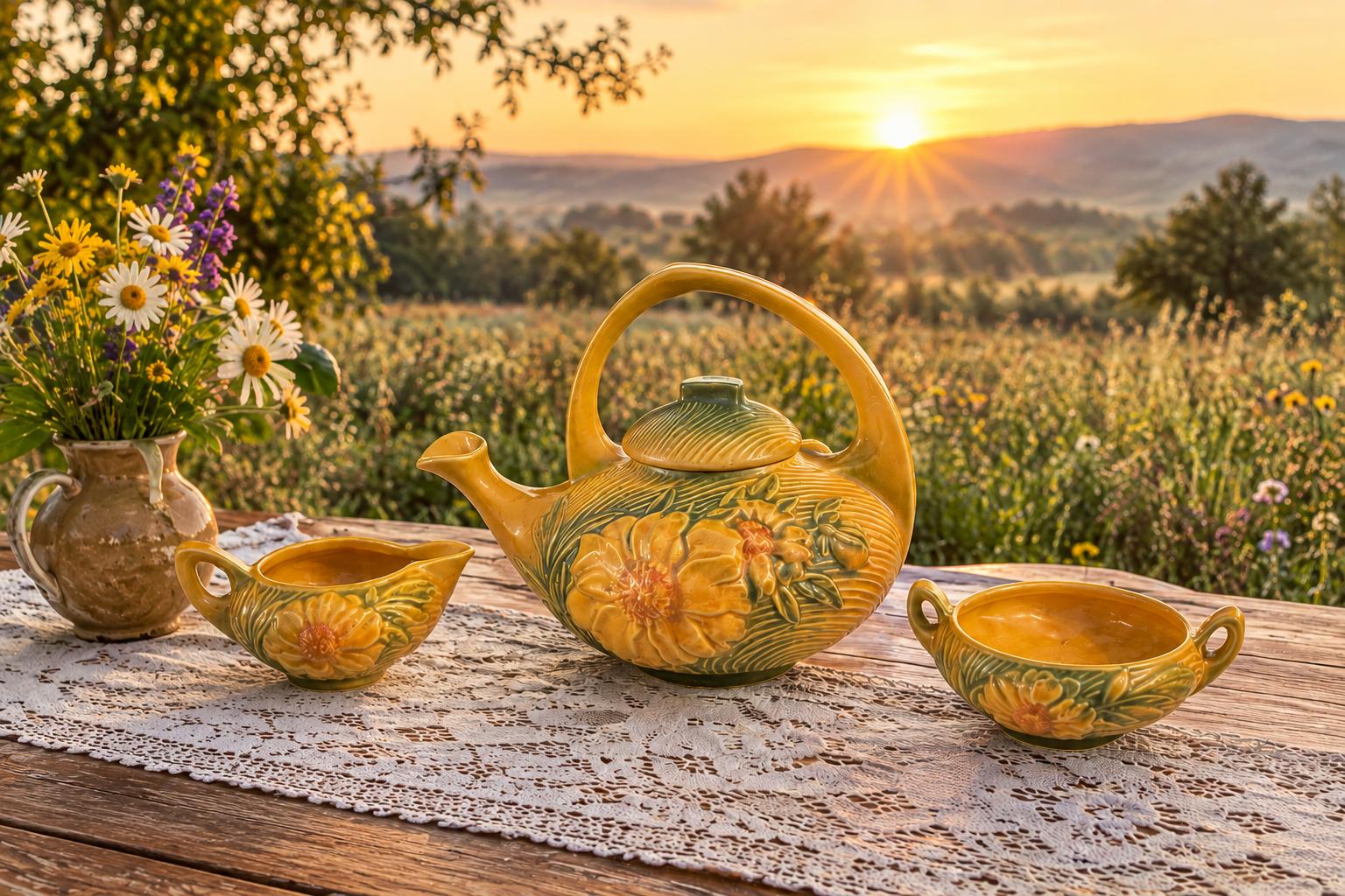 Roseville Pottery Peony Ceramic Floral Teapot, Sugar Bowl and
