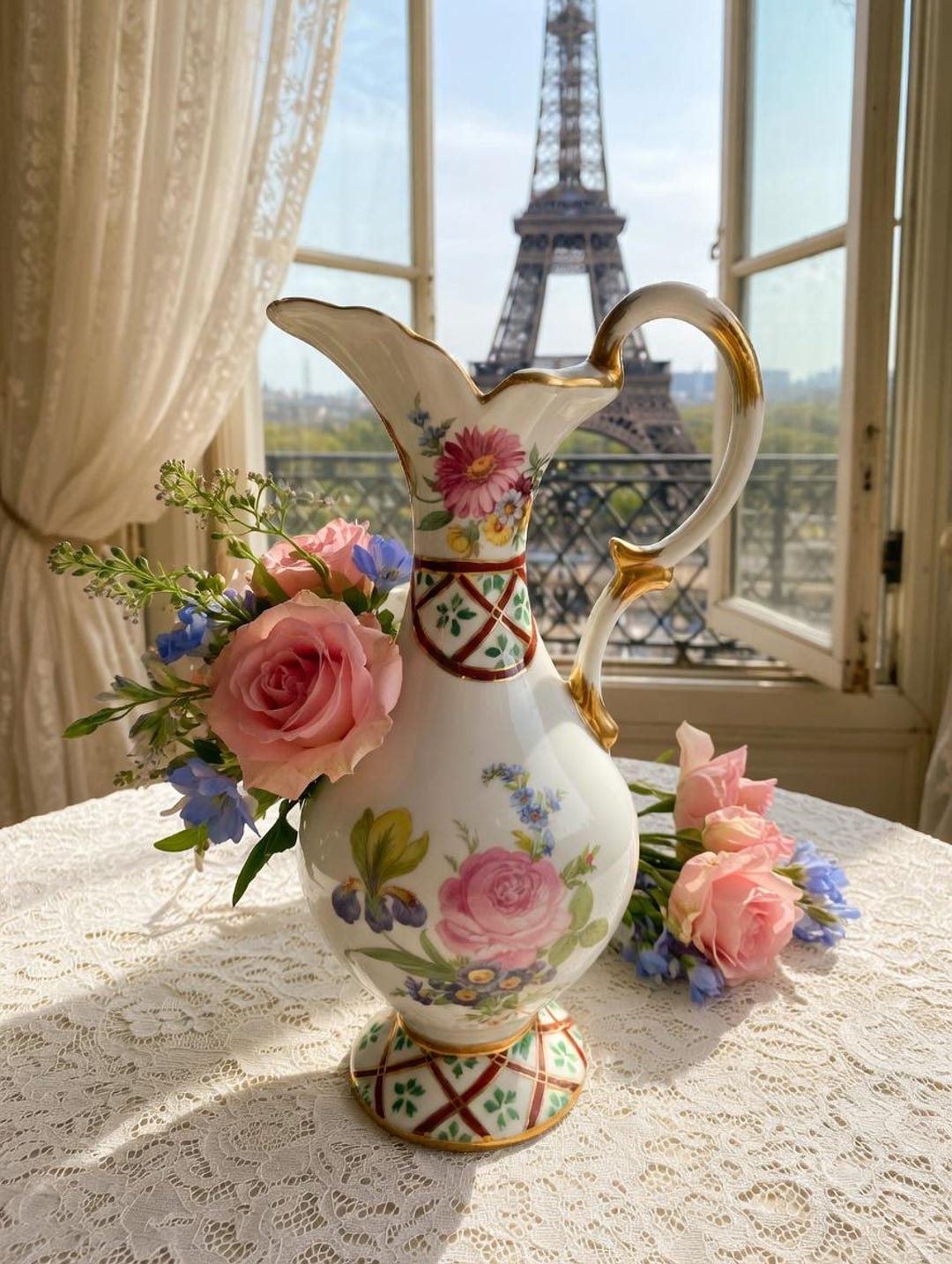 Vintage Paris Royal Peint a La Main Floral Porcelain Small Ewer