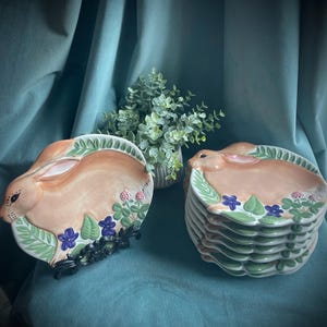 Mesa Ceramic Bunny Rabbit Shaped Appetizer, Salad or Dessert Plates with Florals and Berries Set of 8