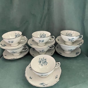 Vintage Royal Princess Porcelain Blue Florals Tea Cups and Saucers Set of 7