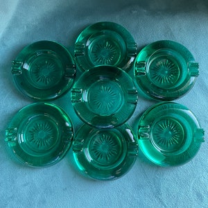 Vintage Mid Century Teal Glass Starburst Personal Mini Ashtrays Set of 7