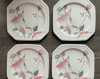 Vintage Mikasa Continental Silk Flowers Octagon Ceramic Appetizer, Salad or Dessert Plates Set of 4