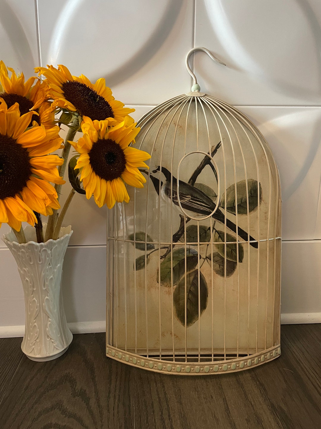 Vintage French Style Half Metal Bird Cage With Bird Art Print Encased