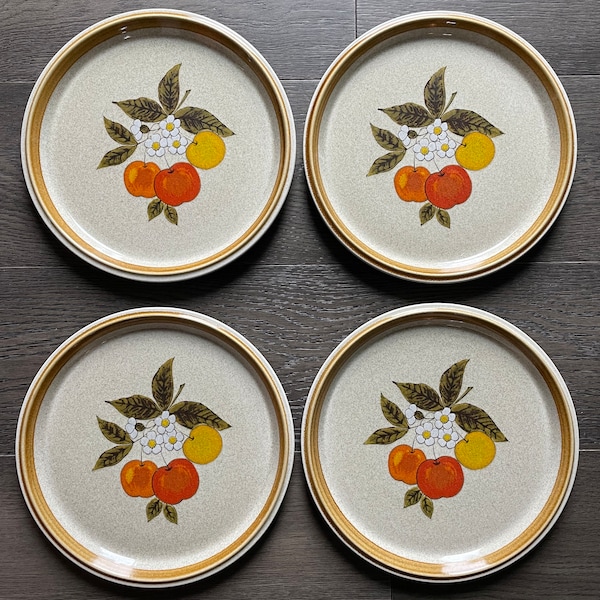 Vintage Mid Century Mikasa Stone Manor Tempting Fruit & Blossoms Stoneware Dinner Plates Set of 4