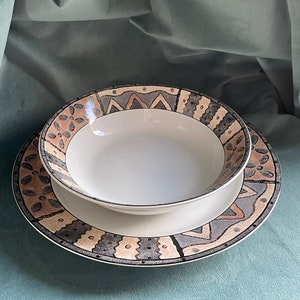 Sakura Japan Terrain Tribal Abstract Geometric Stoneware Serving Bowl & Serving Plate by Sue Zipkin 2 Pieces